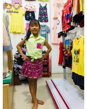 0082090 - S1.8- đồ bộ trẻ em kate, phối túi trước ngực cùng màu chân váy
