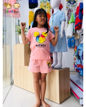 1952085 - S8-12, đồ bộ trẻ em thun cotton, 3 bông xếp thành hình Mickey - gạch tôm