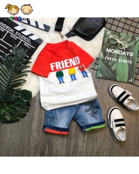 2333215 - S11-15, áo thun cotton 4 chiều in Friend - đỏ trắng