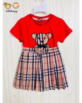 2383210 - S15-26kg, đầm trẻ em áo thun cotton 4 chiều/ thêu gấu Burbery, phối váy kate/ màu đỏ