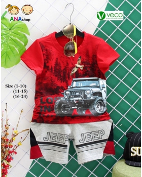 3152120 (S1-10) Bộ thun cotton 4 chiều, in đại bàng xe jeep/ đỏ