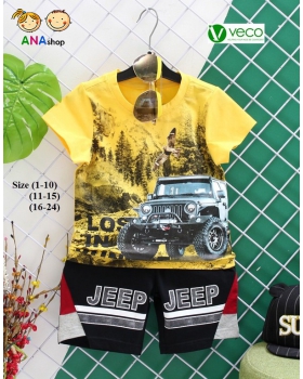 3152120 (S1-10) Bộ thun cotton 4 chiều, in đại bàng xe jeep/ Vàng