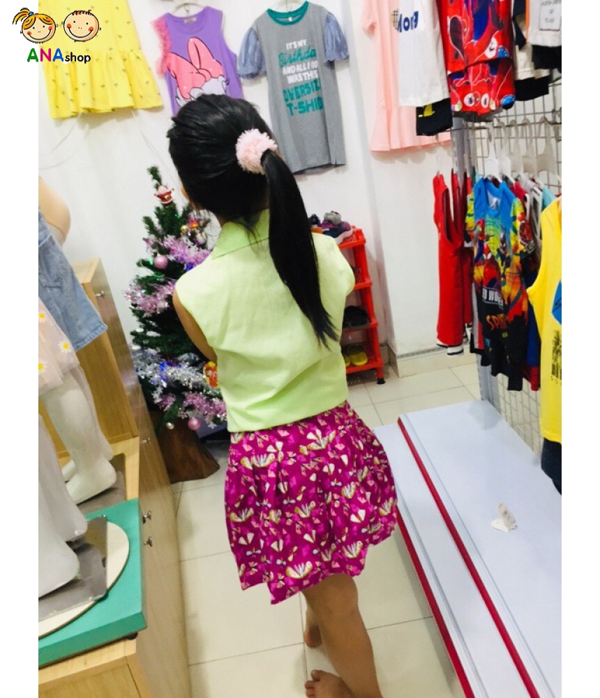 0082090 - S1.8- đồ bộ trẻ em kate, phối túi trước ngực cùng màu chân váy