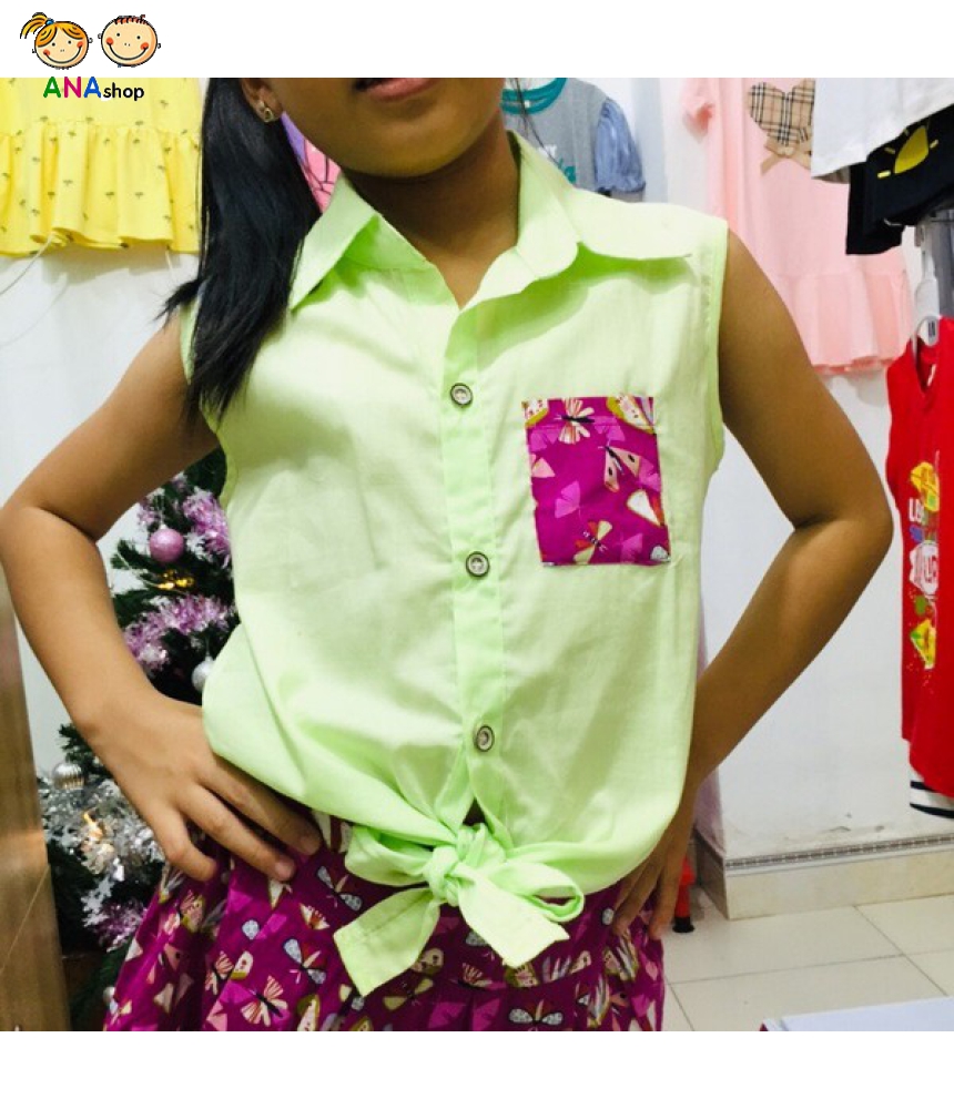 0082090 - S1.8- đồ bộ trẻ em kate, phối túi trước ngực cùng màu chân váy