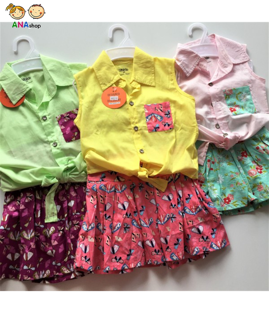 0082090 - S1.8- đồ bộ trẻ em kate, phối túi trước ngực cùng màu chân váy