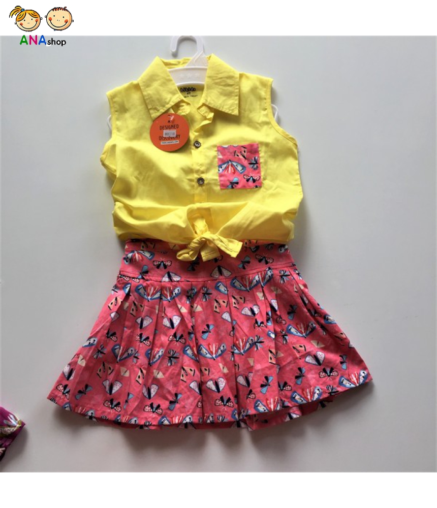 0082090 - S1.8- đồ bộ trẻ em kate, phối túi trước ngực cùng màu chân váy
