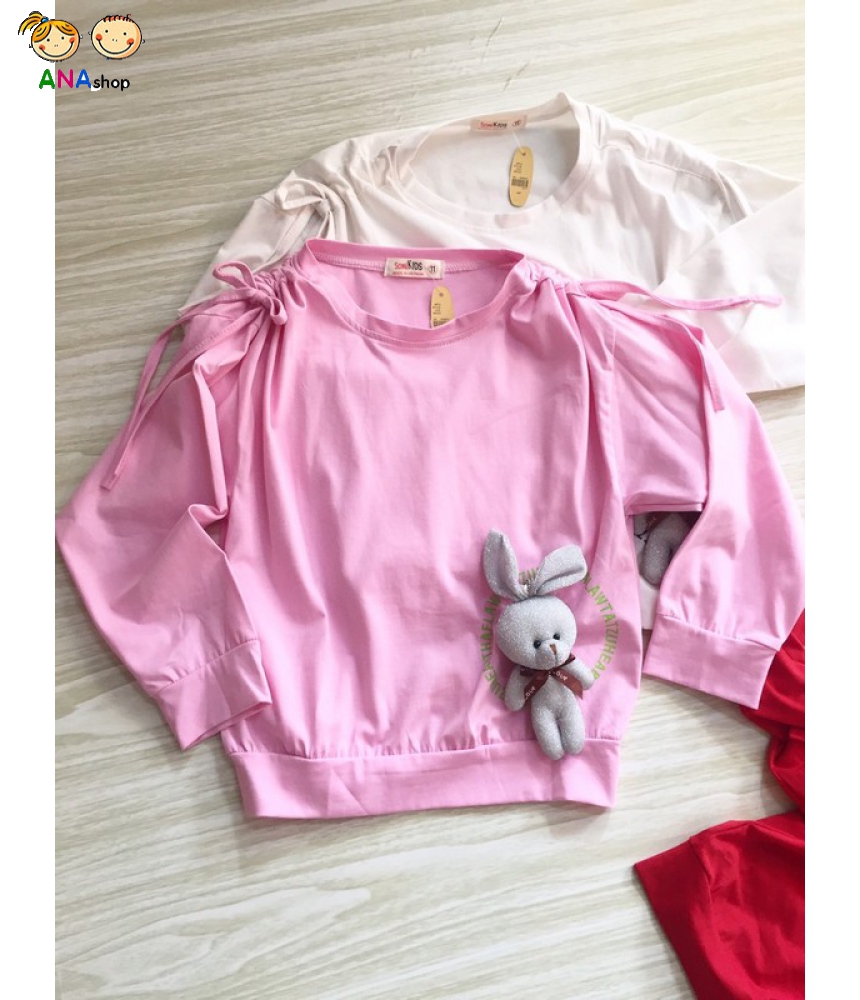 2953165 - S9-15 - Áo thun cotton 4 chiều, gài gấu bông kim tuyến, dây rút vai