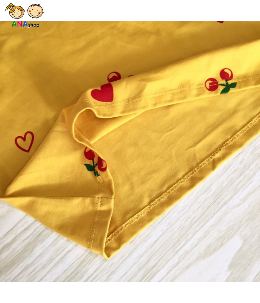 2842080 - S8-12, áo Áo thun cotton 4 chiều, cổ bẻ, tay phồng, hình cherry, vàng cam
