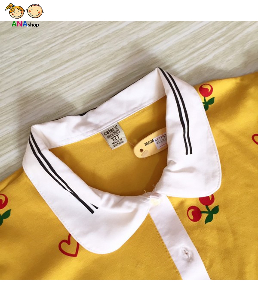 2842080 - S8-12, áo Áo thun cotton 4 chiều, cổ bẻ, tay phồng, hình cherry, vàng cam