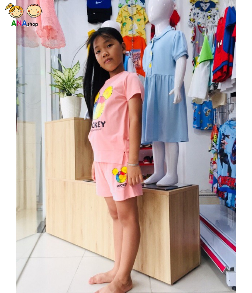1952085 - S8-12, đồ bộ trẻ em thun cotton, 3 bông xếp thành hình Mickey - xanh tím