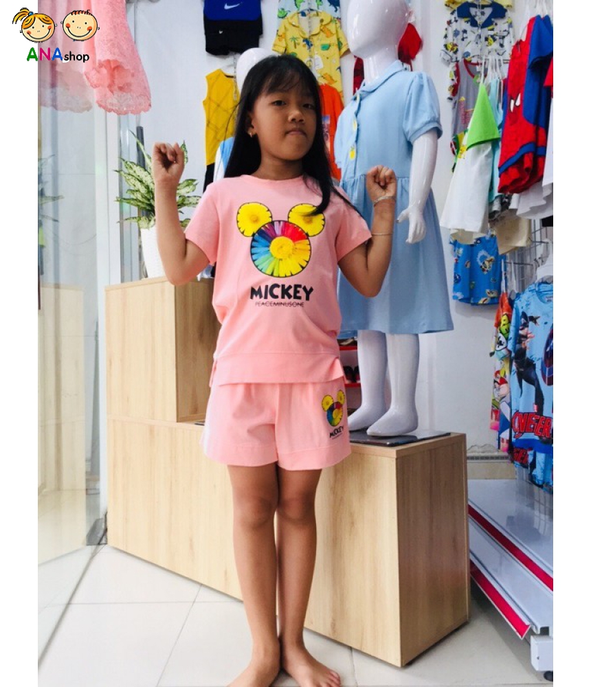 1952085 - S8-12, đồ bộ trẻ em thun cotton, 3 bông xếp thành hình Mickey - gạch tôm