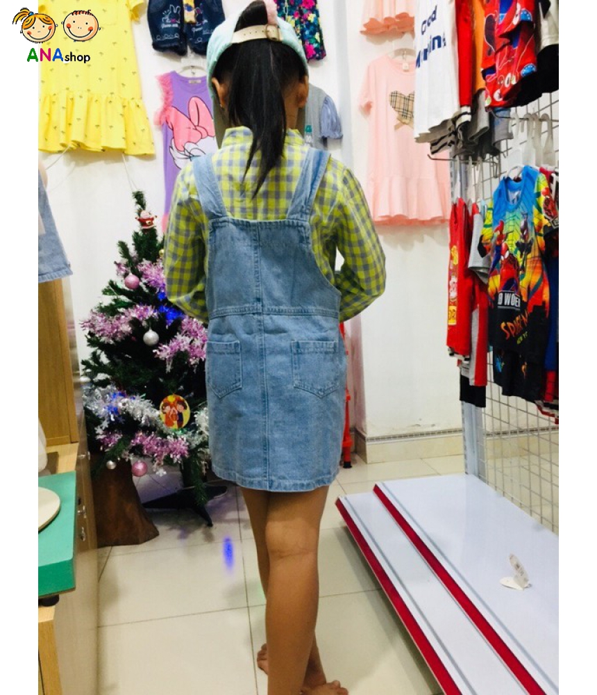 2543220 - S22.28kg  - Set váy yếm jean, áo tay dài nơ caro