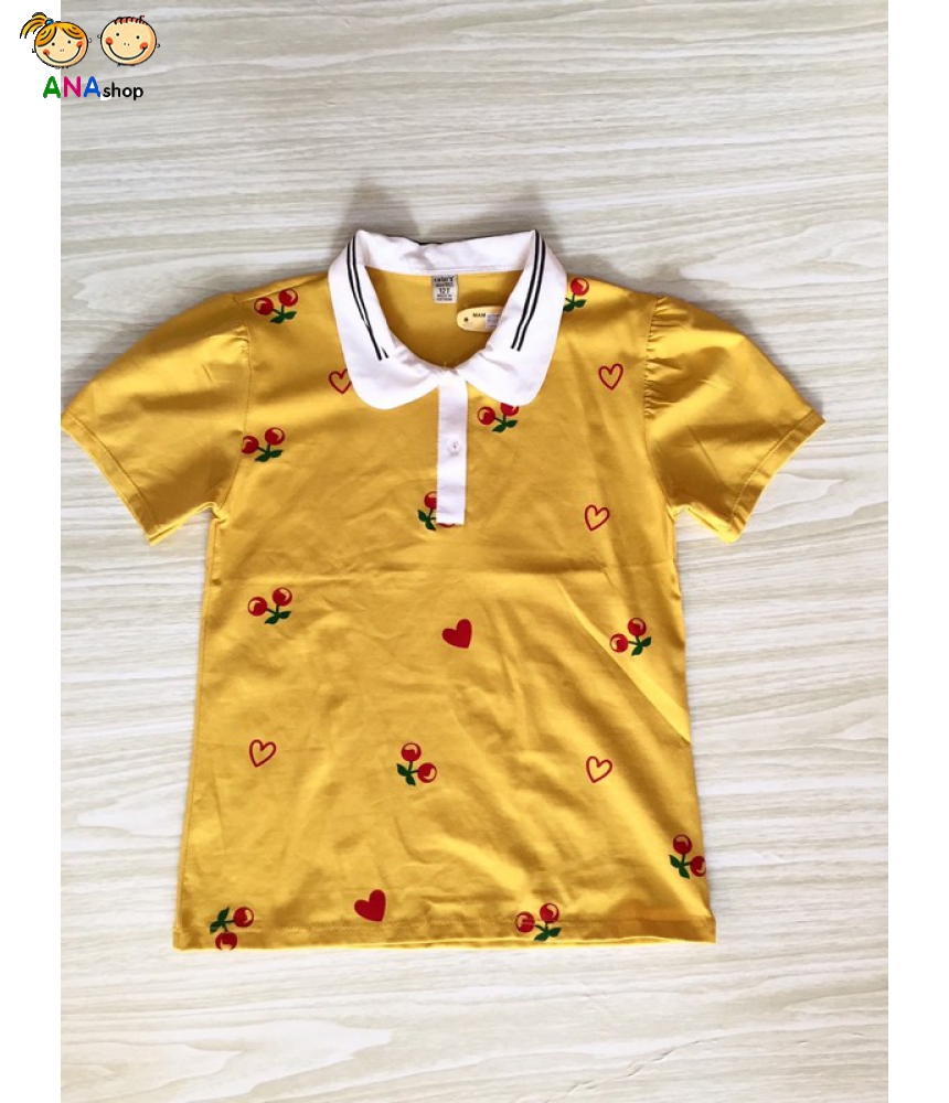 2842080 - S8-12, áo Áo thun cotton 4 chiều, cổ bẻ, tay phồng, hình cherry, vàng cam
