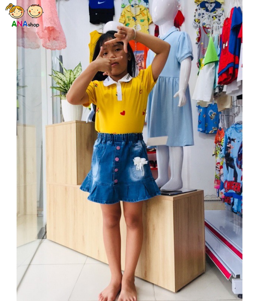 2842080 - S8-12, áo Áo thun cotton 4 chiều, cổ bẻ, tay phồng, hình cherry, vàng cam