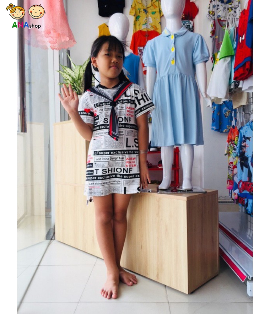 3063210 (S8-12) Đầm thun cotton 4 chiều, cổ hải quân, họa tiết báo giấy
