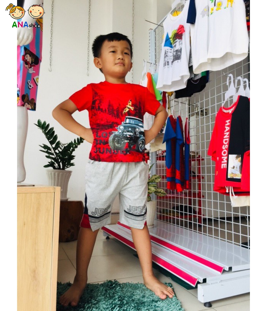 3152120 (S1-10) Bộ thun cotton 4 chiều, in đại bàng xe jeep/ đỏ