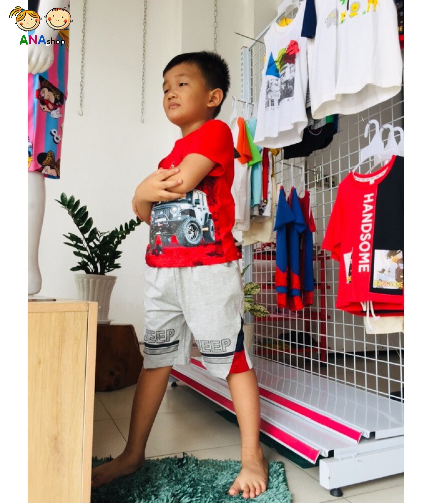 3152120 (S1-10) Bộ thun cotton 4 chiều, in đại bàng xe jeep/ đỏ