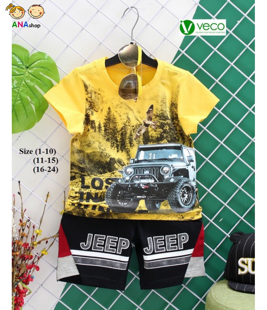3152120 (S1-10) Bộ thun cotton 4 chiều, in đại bàng xe jeep/ Vàng