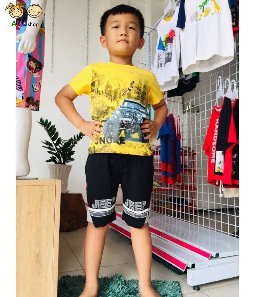 3152120 (S1-10) Bộ thun cotton 4 chiều, in đại bàng xe jeep/ Vàng