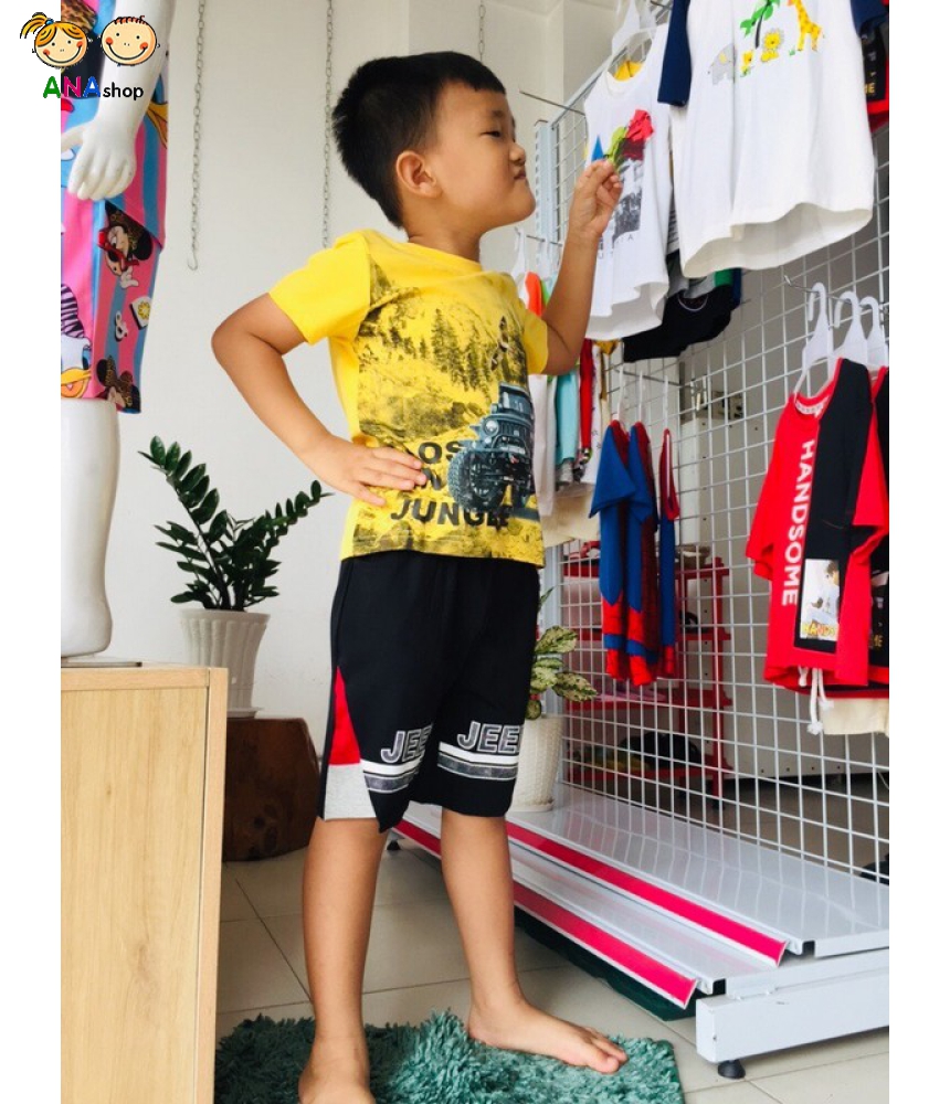 3152120 (S1-10) Bộ thun cotton 4 chiều, in đại bàng xe jeep/ Vàng