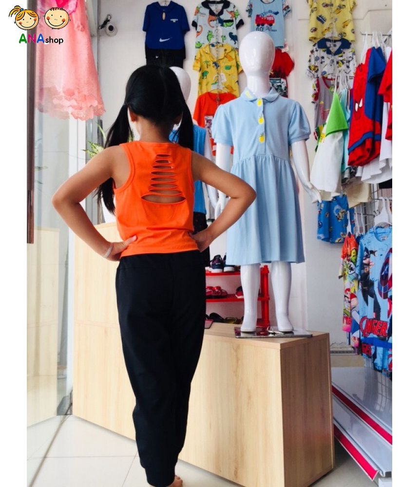 3391050 - S9.13 - Áo croptop, thun cotton 4 chiều, rách lưng/ cam/ đen