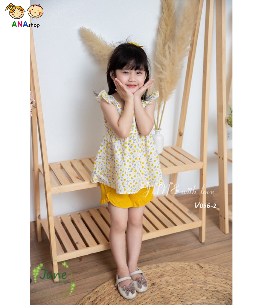 3643155 (S1-10) Bộ cánh tiên/ - Áo nền trắng, in bông vàng/ quần vàng