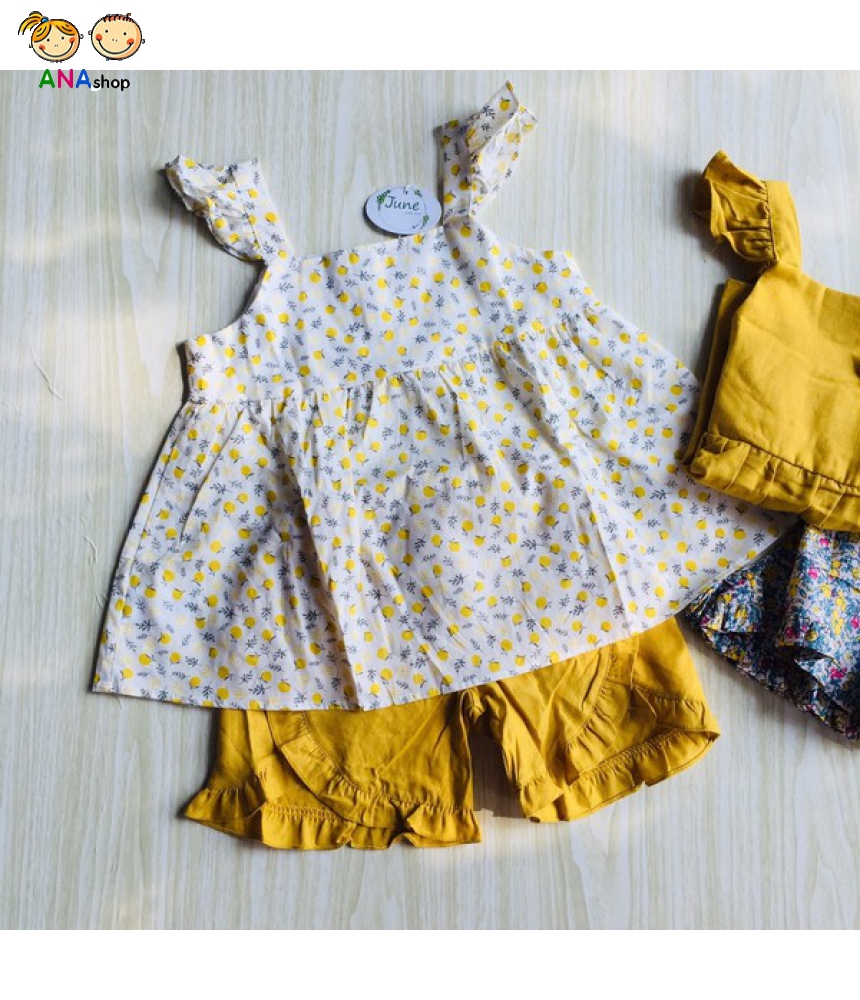 3643155 (S1-10) Bộ cánh tiên/ - Áo nền trắng, in bông vàng/ quần vàng