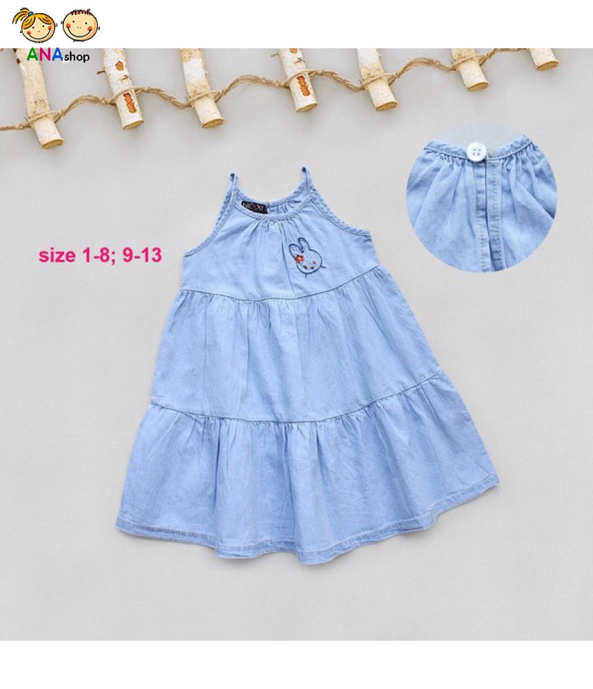 3653150 (S9-13) Đầm jean maxi thêu thỏ, 2 dây