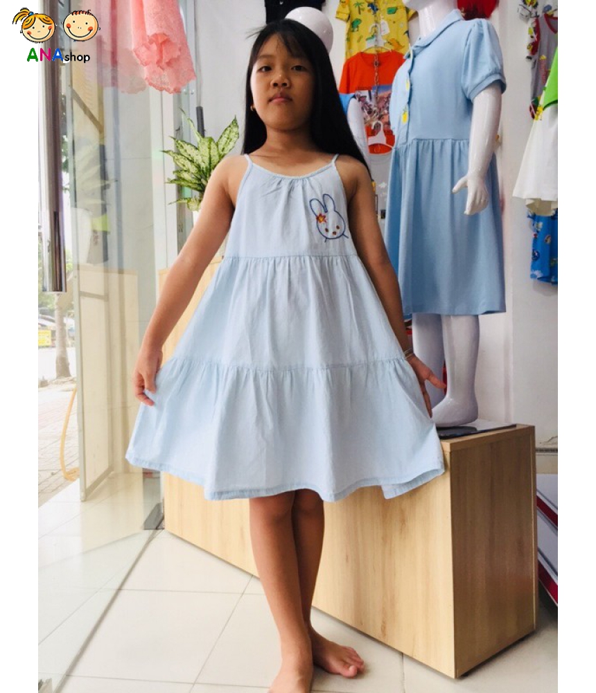 3653150 (S9-13) Đầm jean maxi thêu thỏ, 2 dây