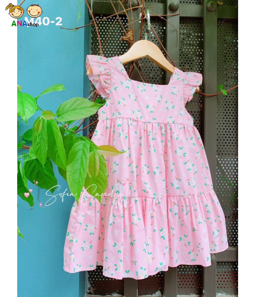 3733150 (S1-10) Đầm Sofia cổ vuông, hoa nhí, cánh tiên